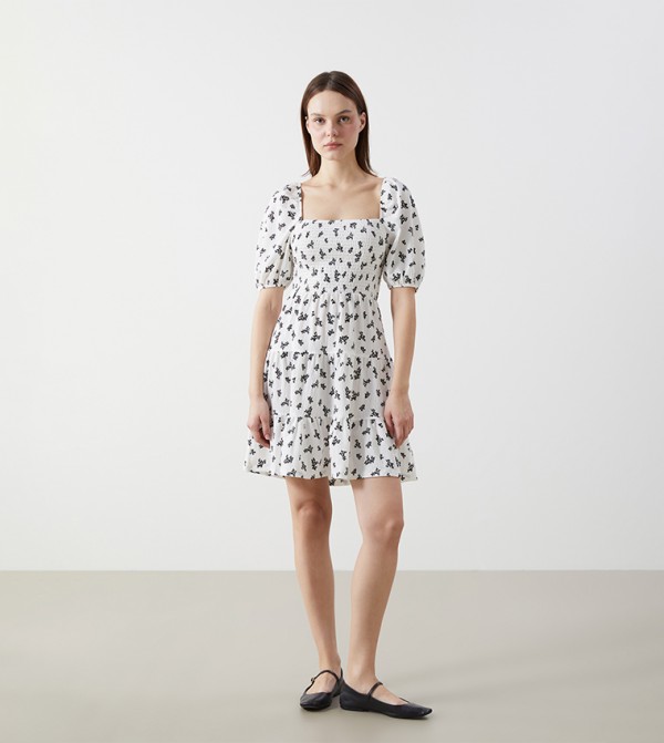 Floral Printed Puff Sleeves Mini Dress