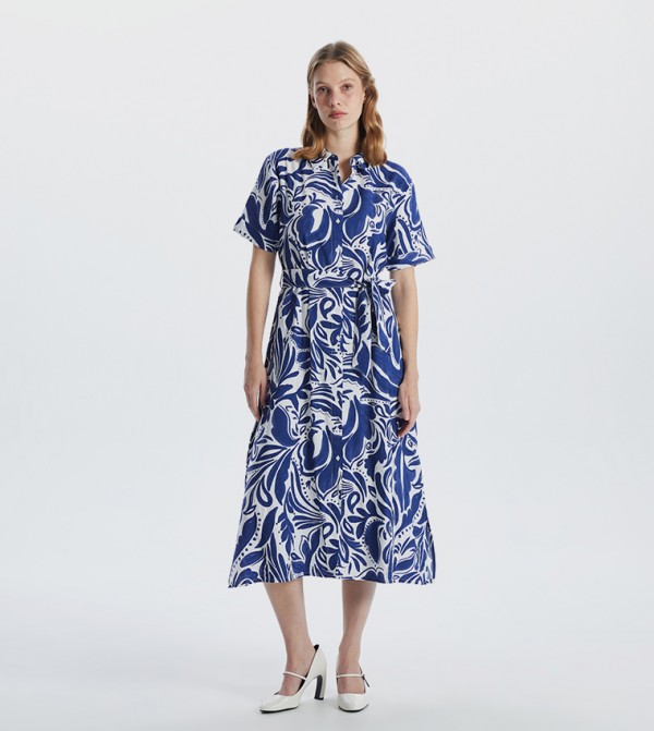 Patterned Short Sleeves Shirt Dress