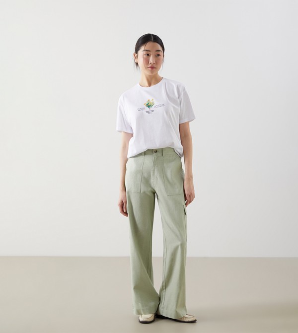 Button Closure Wide Leg Trousers