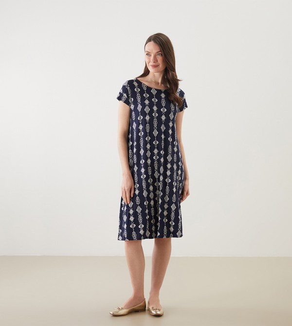 Patterned Crew Collar Midi Dress
