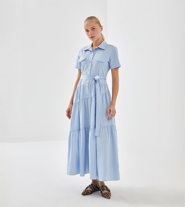Solid Short Sleeves Belted Shirt Dress