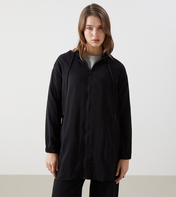 Zippered Long Sleeves Hooded Tunic
