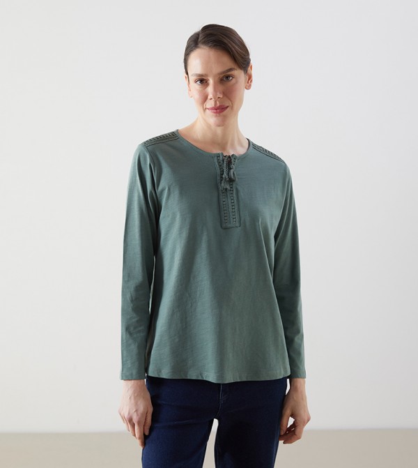 Embroidery Trim Tie-Up Neck Top