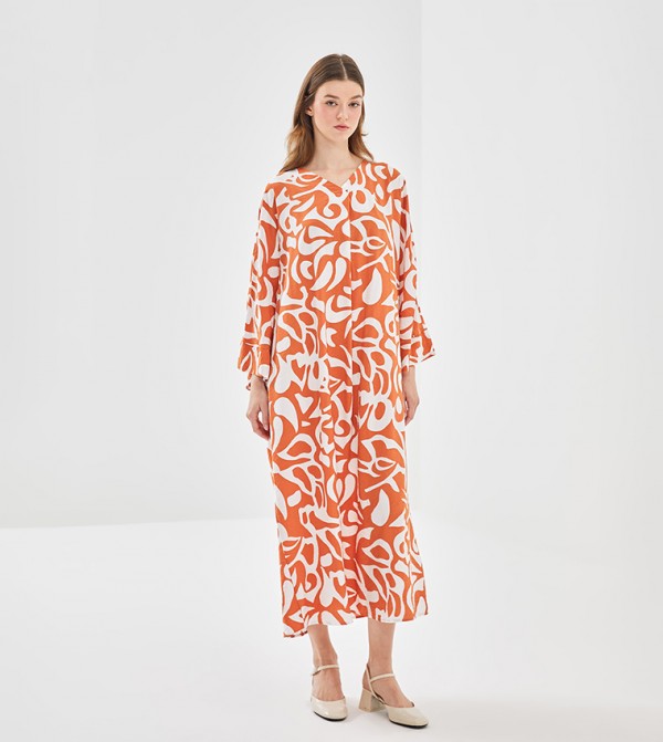 Printed Long Sleeves Midi Dress