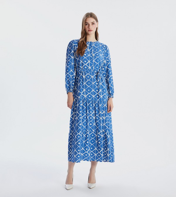 Patterned Long Sleeves Tiered Dress
