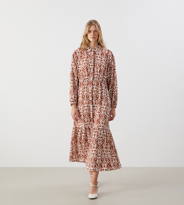 Patterned Long Sleeves Midi Dress