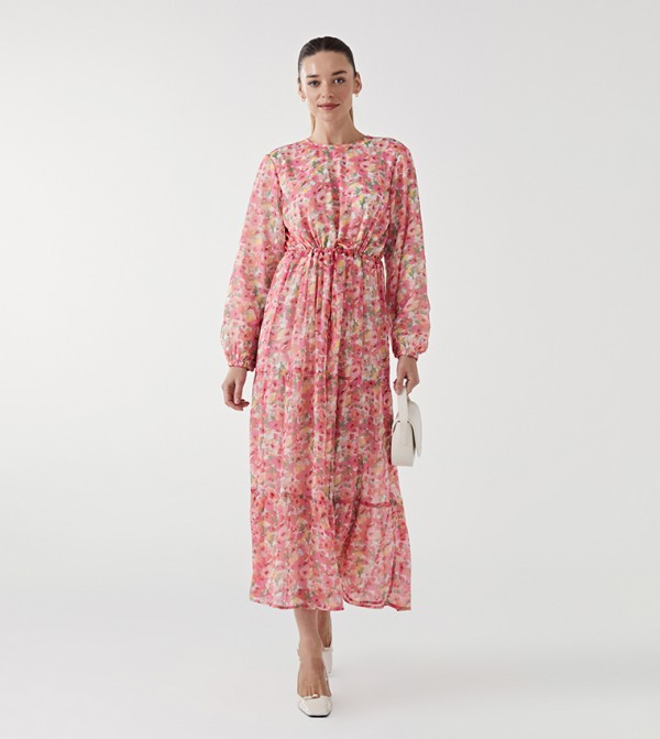 Patterned Long Sleeves Tiered Dress
