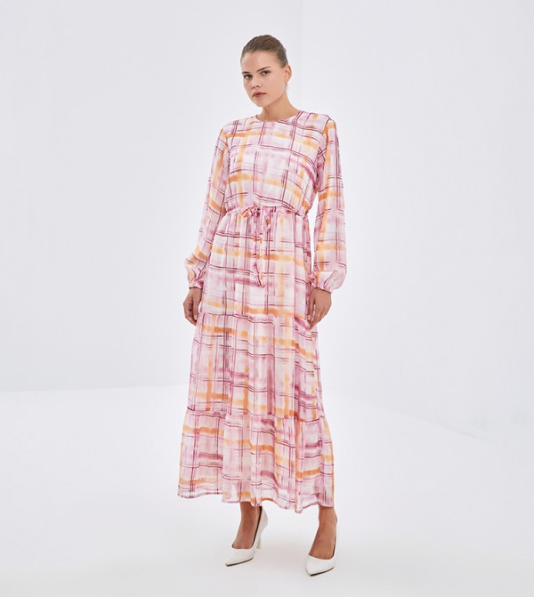 Patterned Long Sleeves Tiered Dress
