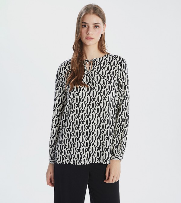 Patterned Tie-Up Neck Top