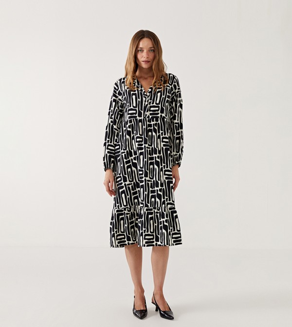 Patterned Pleated Midi Dress