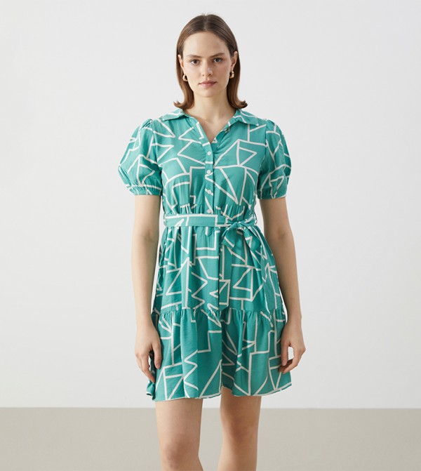 Patterned Puff Sleeves Shirt Dress