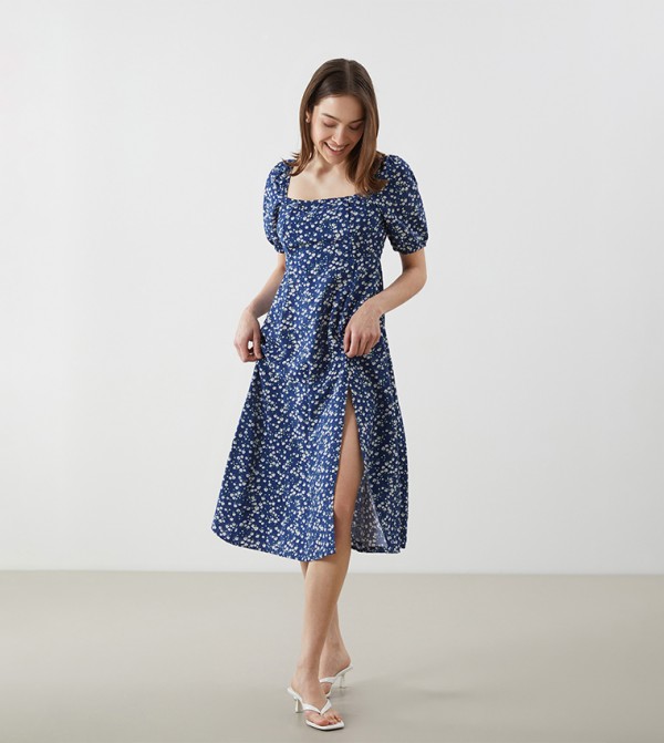 Floral Printed Square Neck Midi Dress
