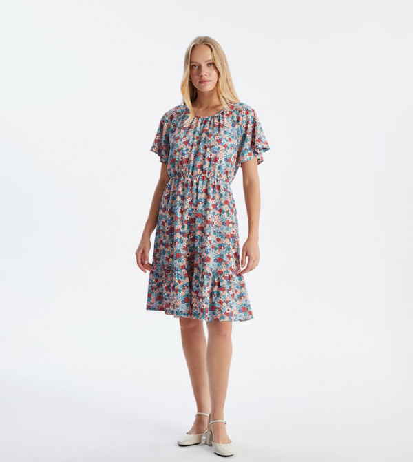 Printed Crew Neck Mini Dress