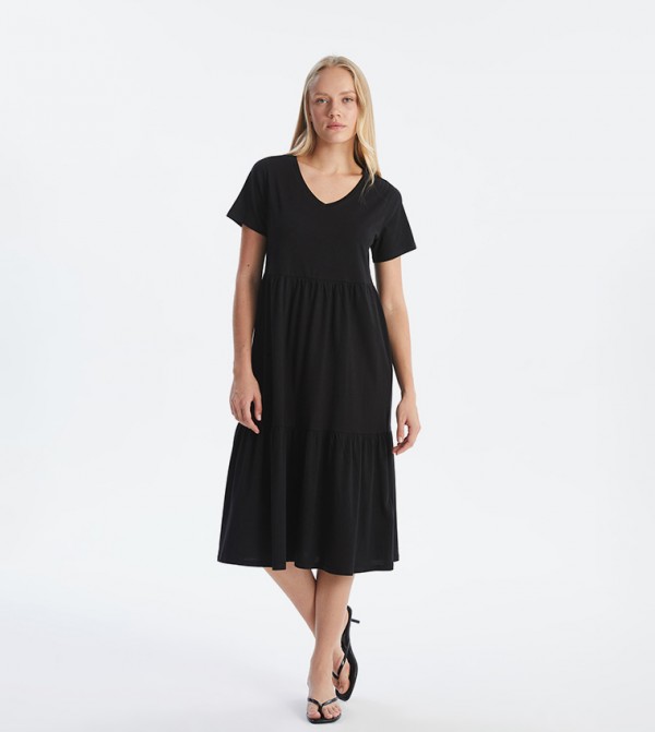 Solid Short Sleeves Midi Dress