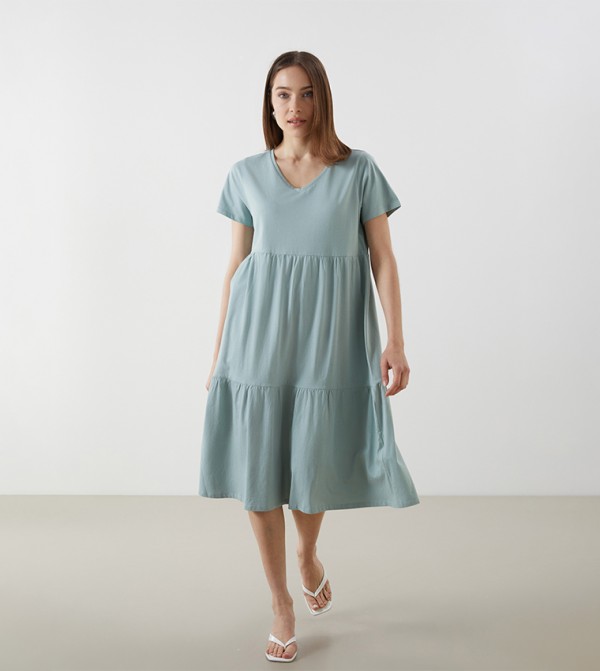 Solid Short Sleeves Midi Dress