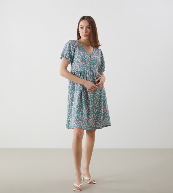 Floral Printed Short Sleeves Mini Dress