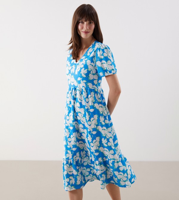 Floral Patterned Short Sleeves Midi Dress