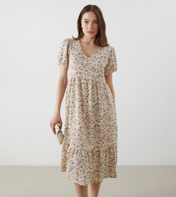 Floral Printed V-Neck Midi Dress