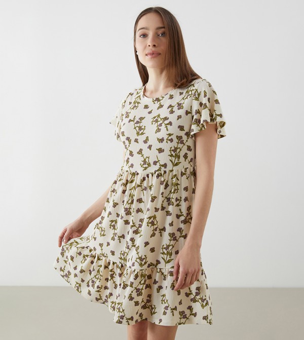 Floral Printed Crew Neck Mini Dress