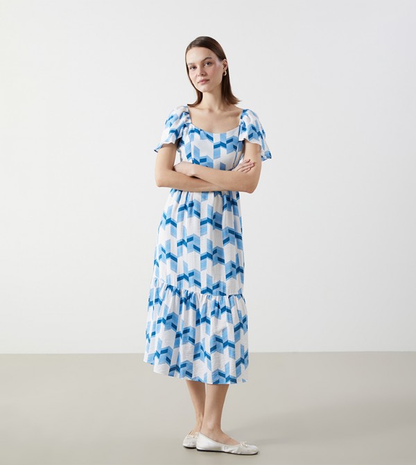 Patterned Flared Sleeves Midi Dress