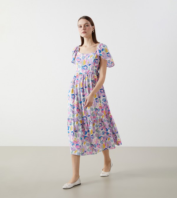 Patterned Flared Sleeves Midi Dress