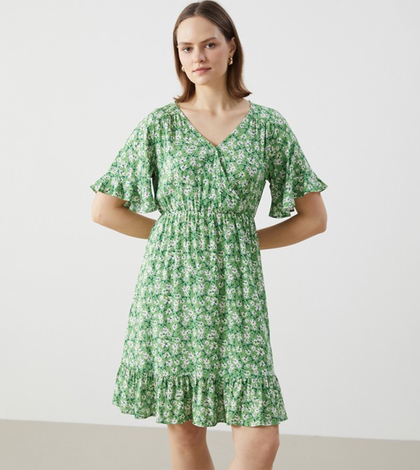 Floral Printed Flounce Sleeves Mini Dress