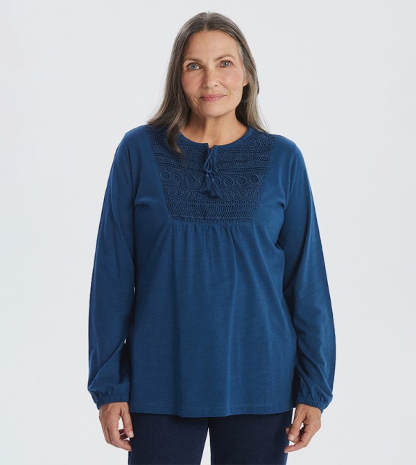 Embroidered Tie-Up Neck Top
