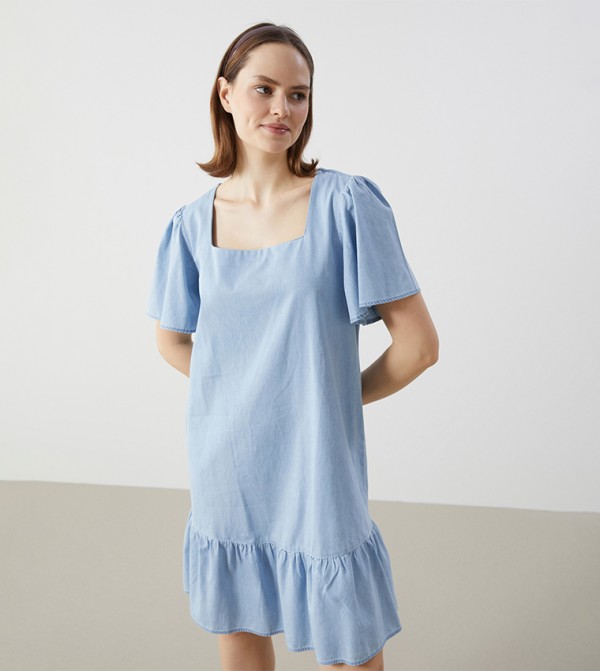 Square Neck Flared Sleeves Denim Dress