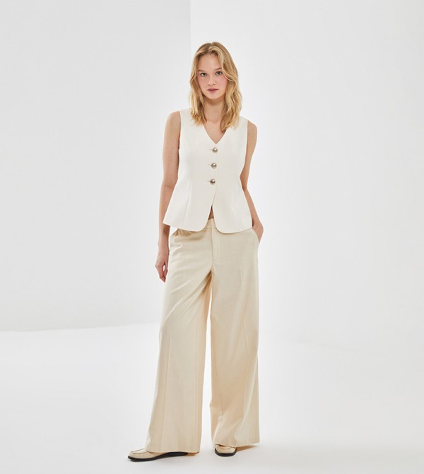 Solid Elastic Waist Wide Leg Pants
