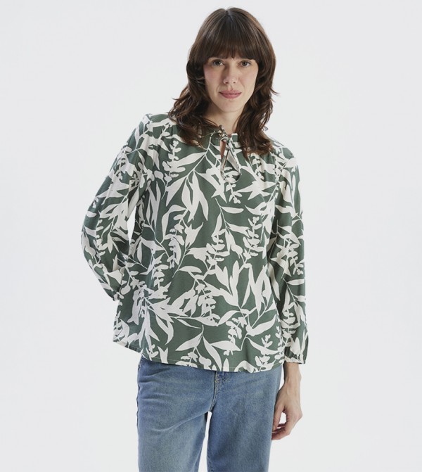 Patterned Tie-Up Neck Top