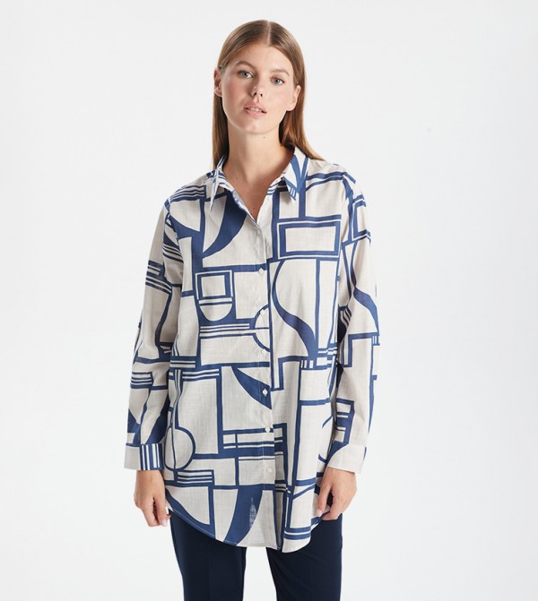 Patterned Long Sleeves Poplin Tunic Shirt