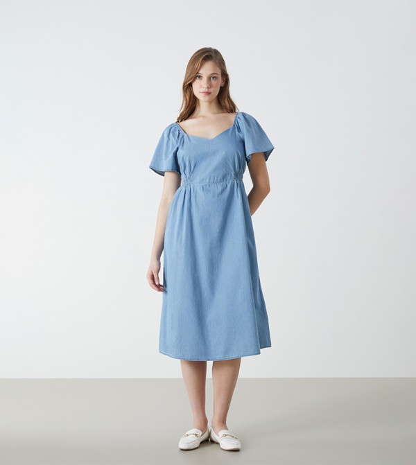 Smocked Flared Sleeves Denim Dress