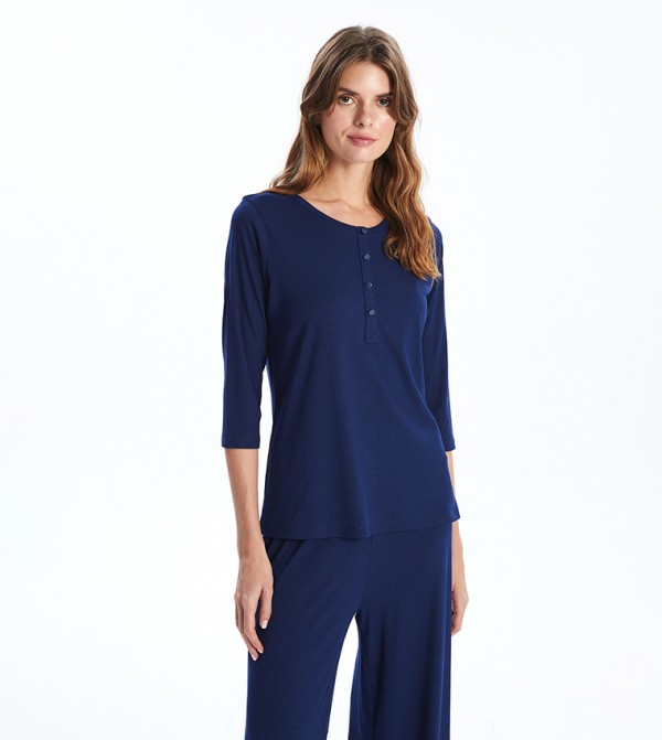 Ribbed Crew Neck Henley Neck Top