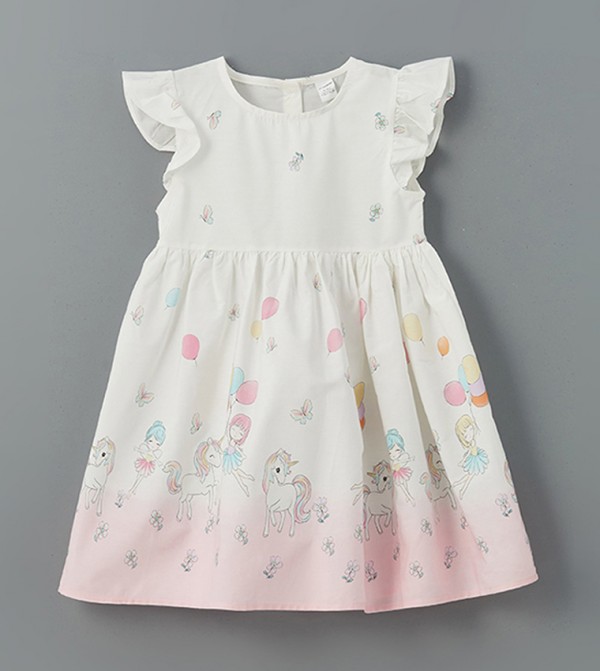 Printed Crew Neck Poplin Dress