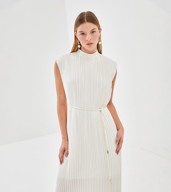 Pleated Mock Neck Sleeveless Midi Dress
