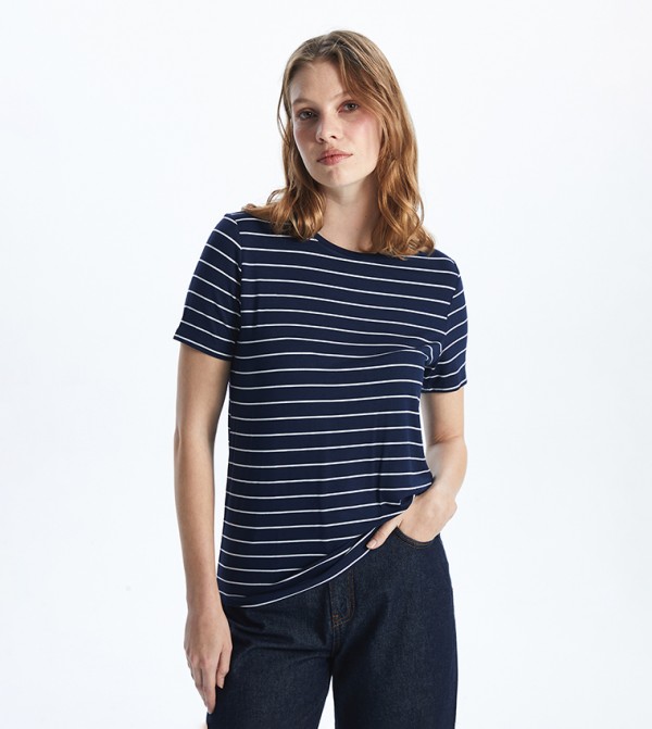 Striped Crew Neck Combed Cotton T-Shirt