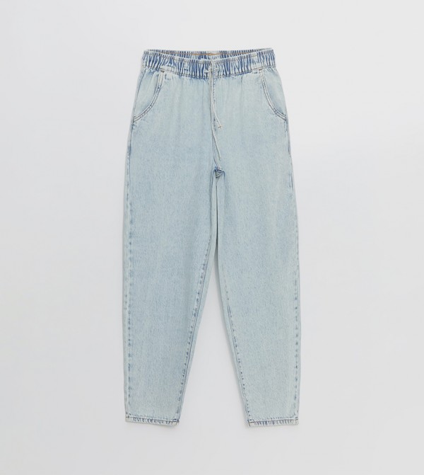 Washed Drawstring Waist Mom Fit Jeans