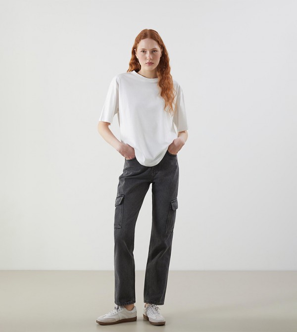 Faded Button Closure Cargo Jeans
