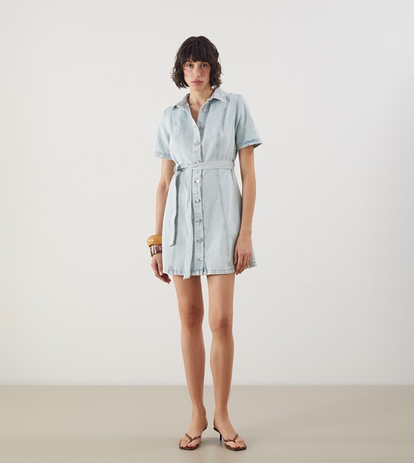 Washed Short Sleeves Mini Denim Dress