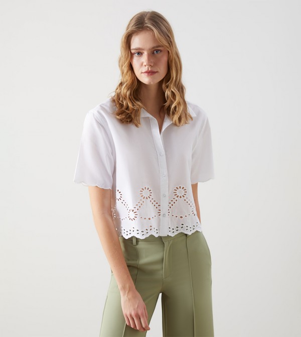 Embroidered Cut-Out Detail Short Sleeves Shirt