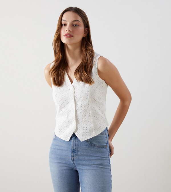 Schiffli V-Neck Button-Front Vest