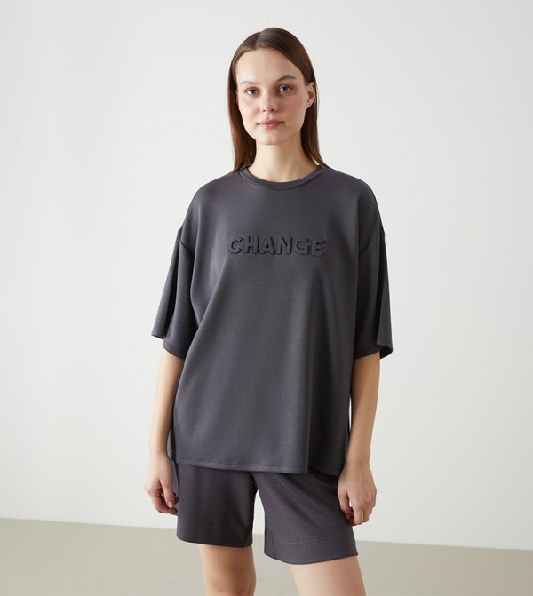 Embossed Crew Neck Oversized T-Shirt