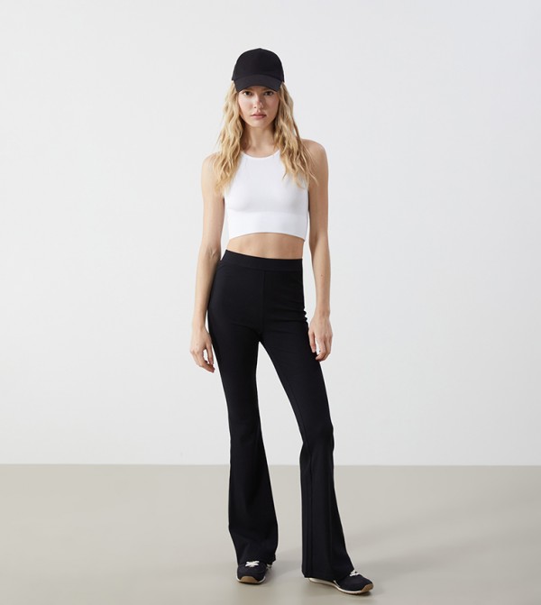 Solid Elastic Waist Flared Trousers