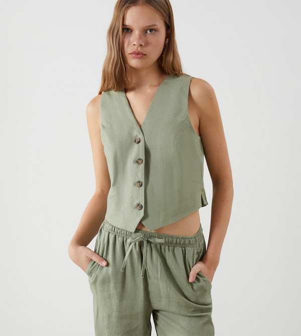 Solid Button Closure V-Neck Vest