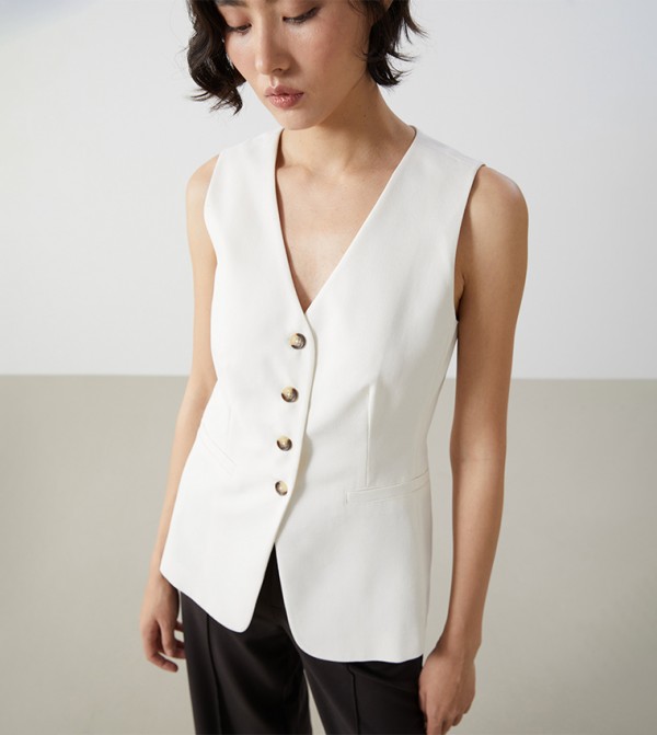 Button Closure V-Neck Linen Blend Vest