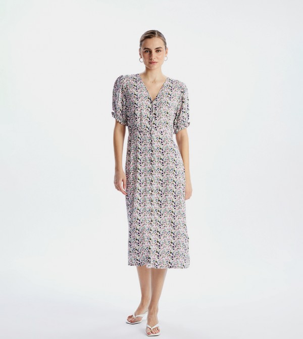 Floral Printed V-Neck Midi Dress