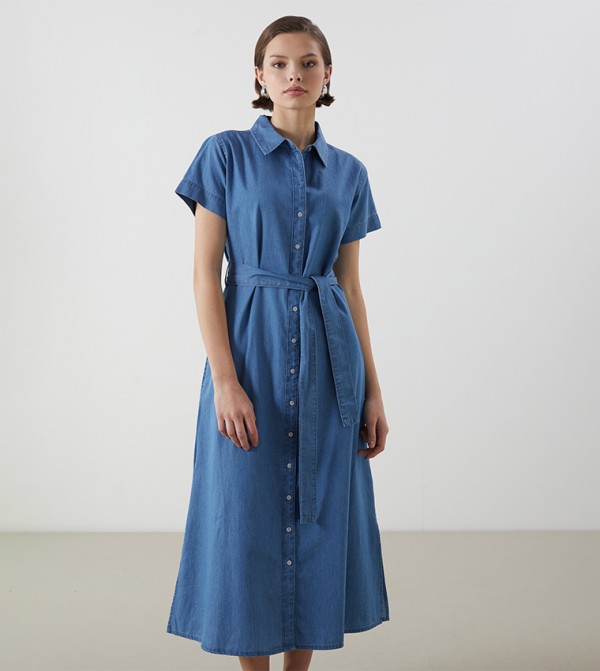 Washed Short Sleeves Denim Midi Dress