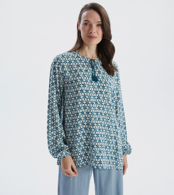 Patterned Tie-Up Neck Top
