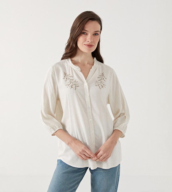Embroidered Button-Front Top