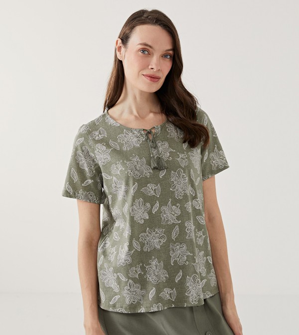 Patterned Tie-Up Neck Top